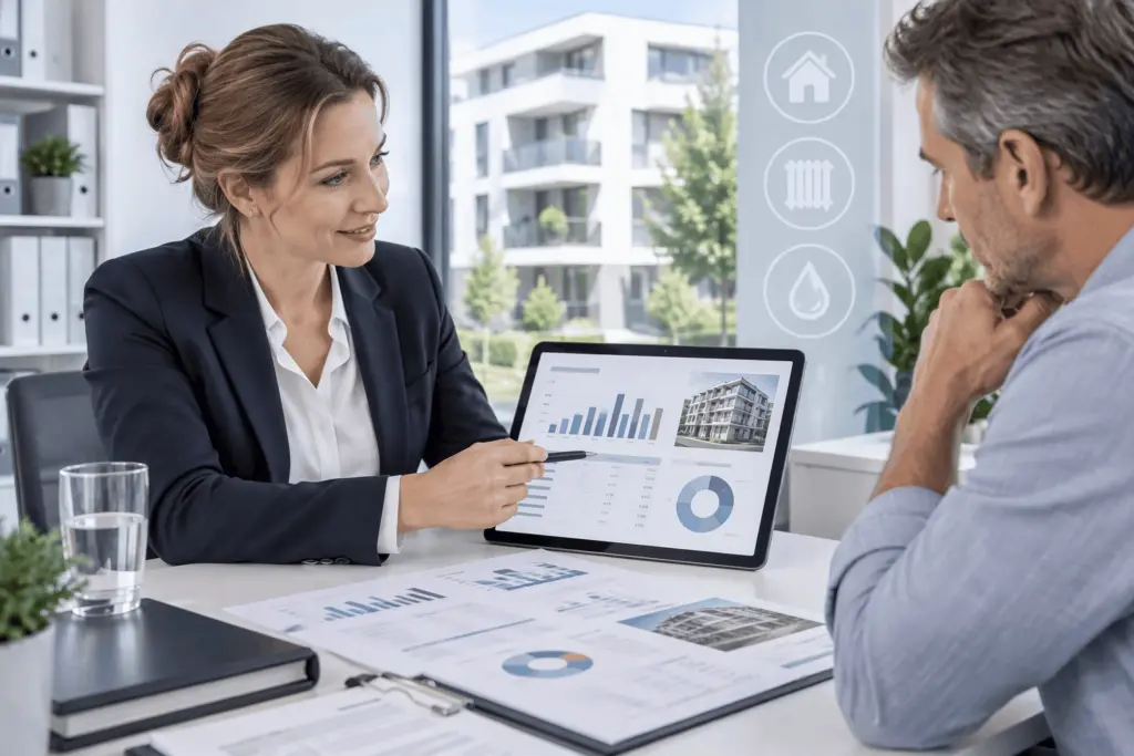 Immobilienverwalterin erläutert einem Eigentümer eine digitale Betriebskostenabrechnung mit Kostenübersicht und Auswertungen.