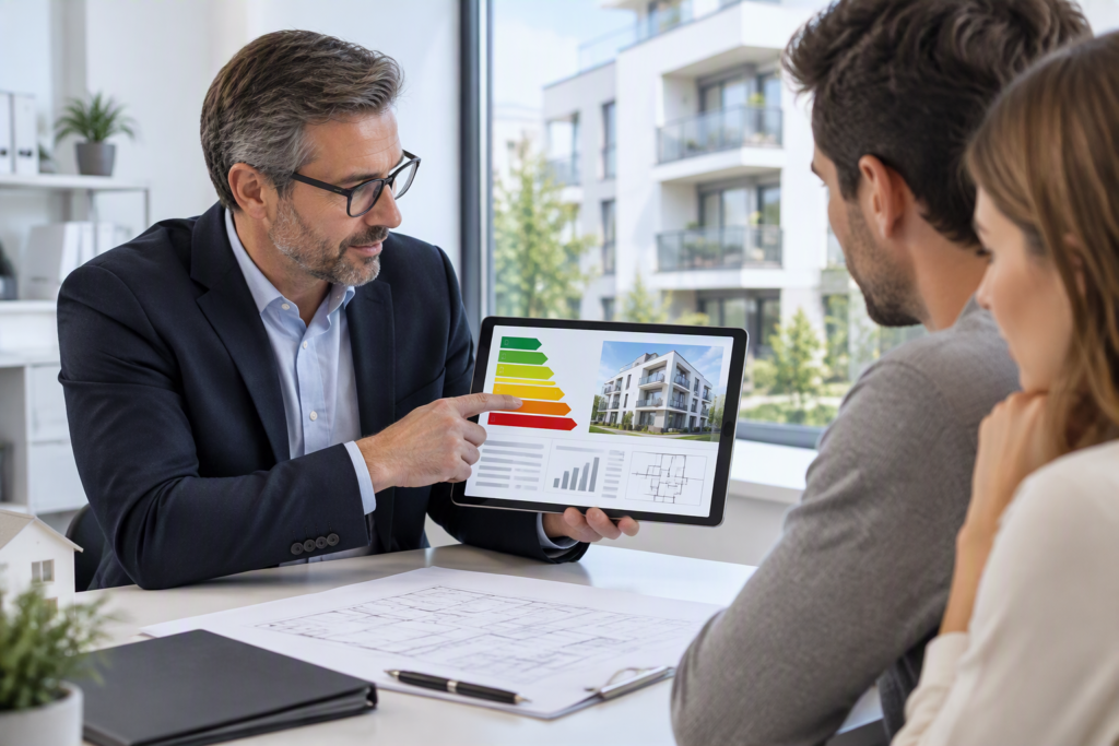 Energieberater erläutert einen Energieausweis für eine moderne Immobilie anhand digitaler Gebäudedaten.
