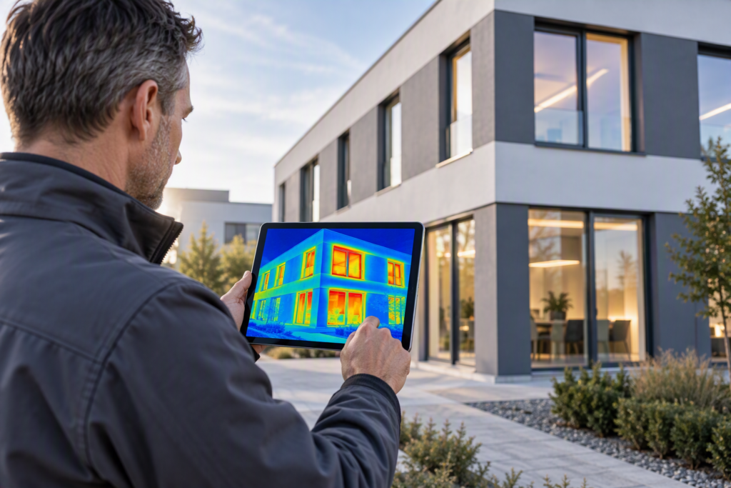 Energieberater analysiert eine Wärmebildaufnahme eines modernen Gebäudes zur Identifikation von Wärmeverlusten und energetischen Schwachstellen.